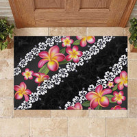Black Polynesia Rubber Doormat Plumeria With Hibiscus Pattern Tropical Vibes