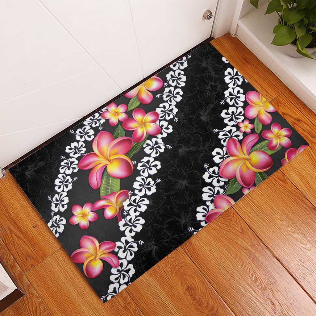 Black Polynesia Rubber Doormat Plumeria With Hibiscus Pattern Tropical Vibes