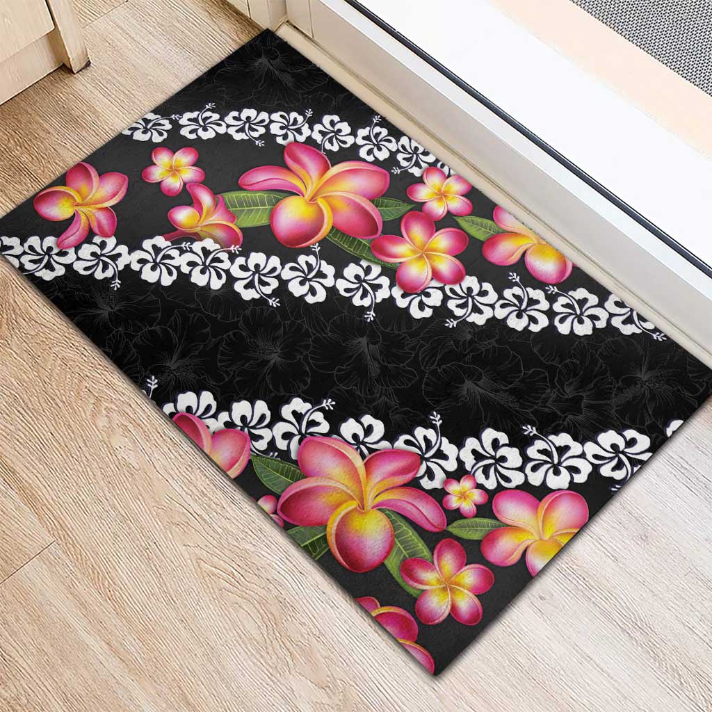 Black Polynesia Rubber Doormat Plumeria With Hibiscus Pattern Tropical Vibes