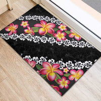 Black Polynesia Rubber Doormat Plumeria With Hibiscus Pattern Tropical Vibes