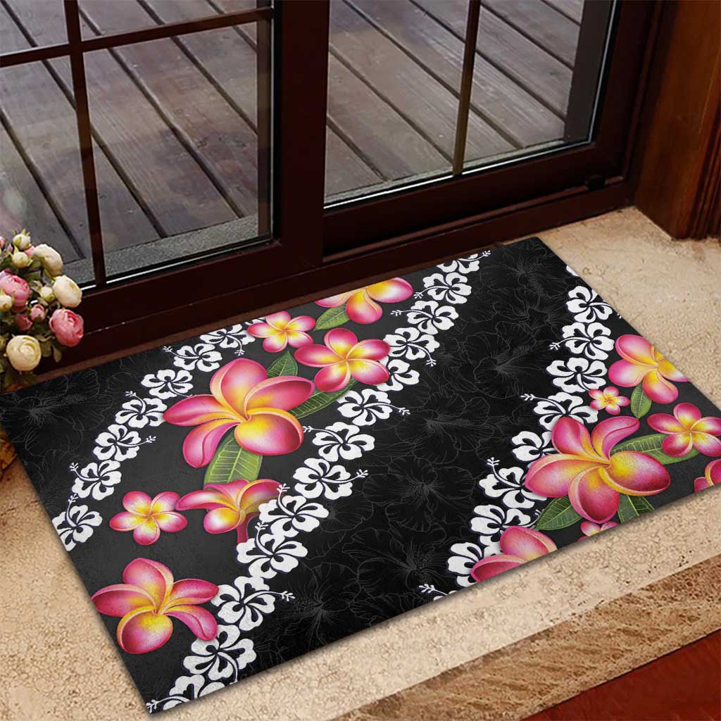 Black Polynesia Rubber Doormat Plumeria With Hibiscus Pattern Tropical Vibes