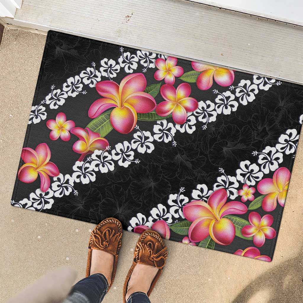 Black Polynesia Rubber Doormat Plumeria With Hibiscus Pattern Tropical Vibes