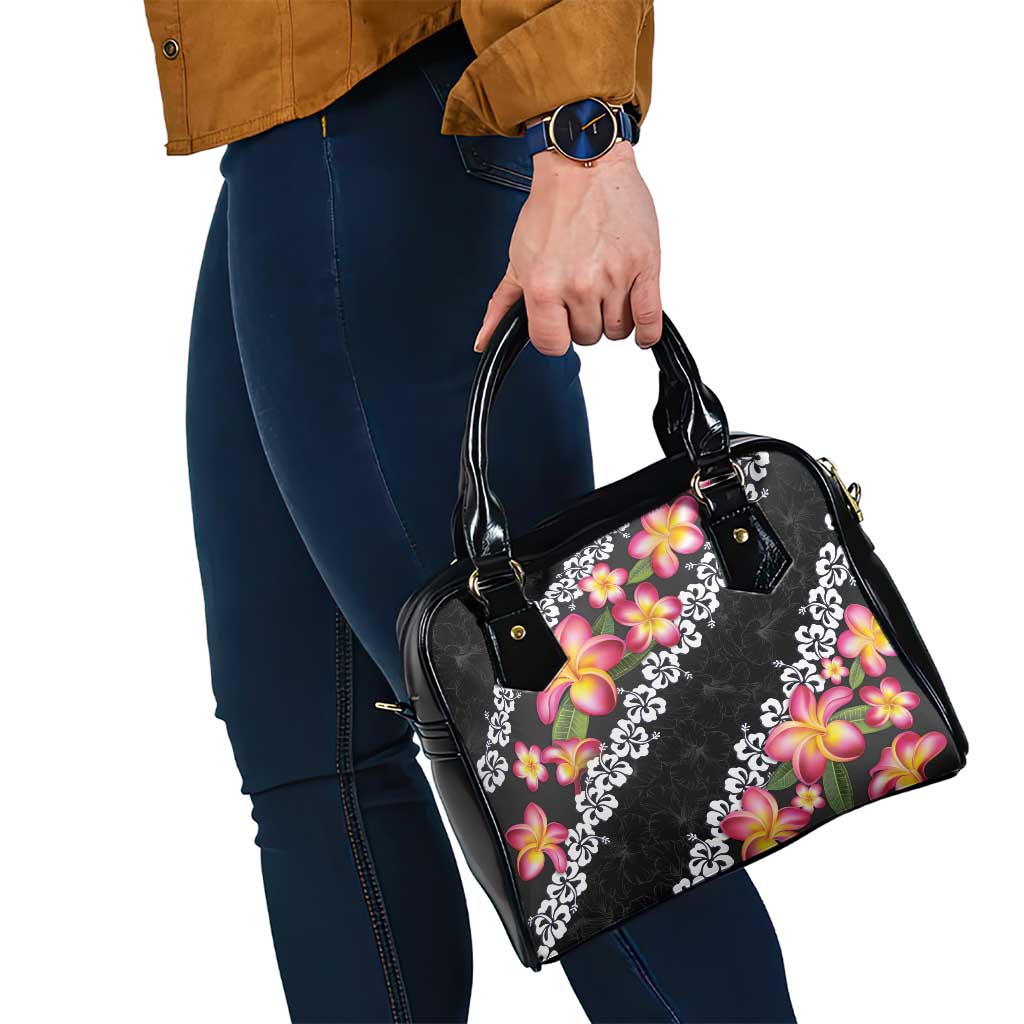 Black Polynesia Shoulder Handbag Plumeria With Hibiscus Pattern Tropical Vibes LT14 - Polynesian Pride