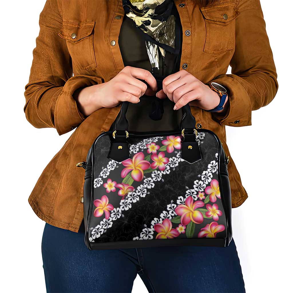 Black Polynesia Shoulder Handbag Plumeria With Hibiscus Pattern Tropical Vibes LT14 - Polynesian Pride