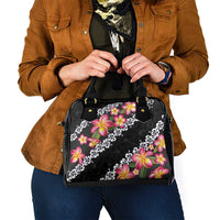 Black Polynesia Shoulder Handbag Plumeria With Hibiscus Pattern Tropical Vibes LT14 - Polynesian Pride