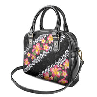 Black Polynesia Shoulder Handbag Plumeria With Hibiscus Pattern Tropical Vibes LT14 - Polynesian Pride