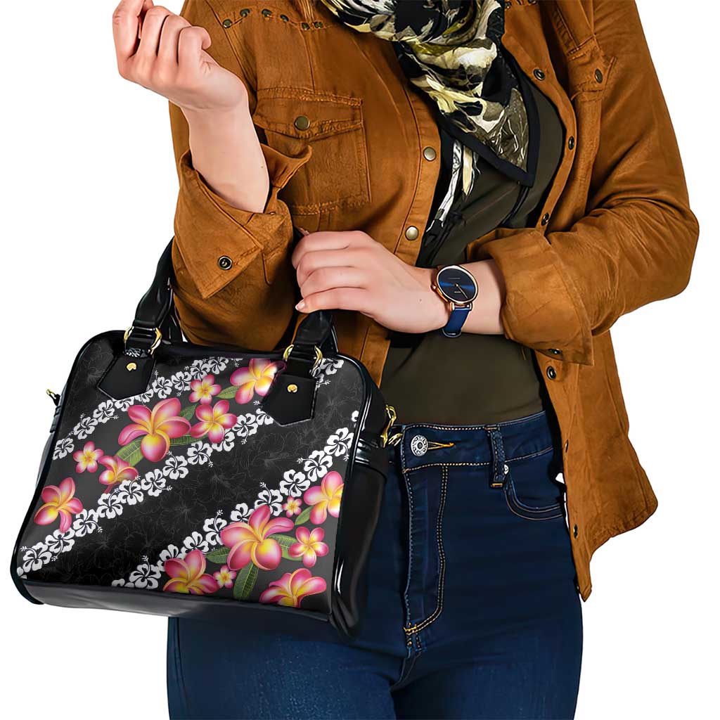 Black Polynesia Shoulder Handbag Plumeria With Hibiscus Pattern Tropical Vibes LT14 - Polynesian Pride