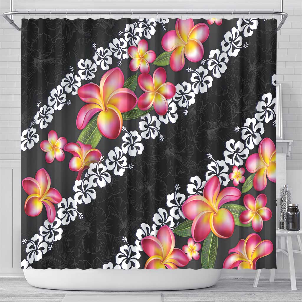 Black Polynesia Shower Curtain Plumeria With Hibiscus Pattern Tropical Vibes LT14 - Polynesian Pride