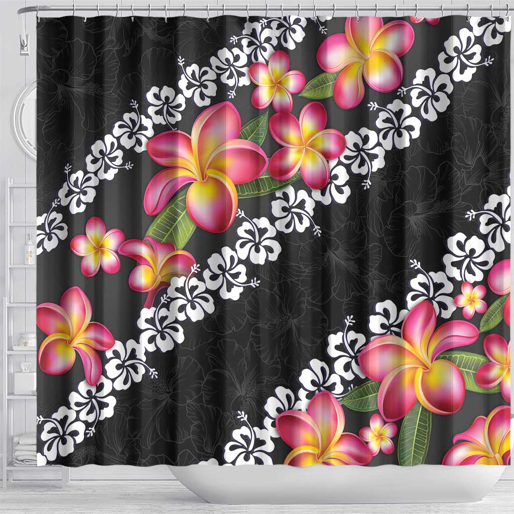 Black Polynesia Shower Curtain Plumeria With Hibiscus Pattern Tropical Vibes LT14 - Polynesian Pride