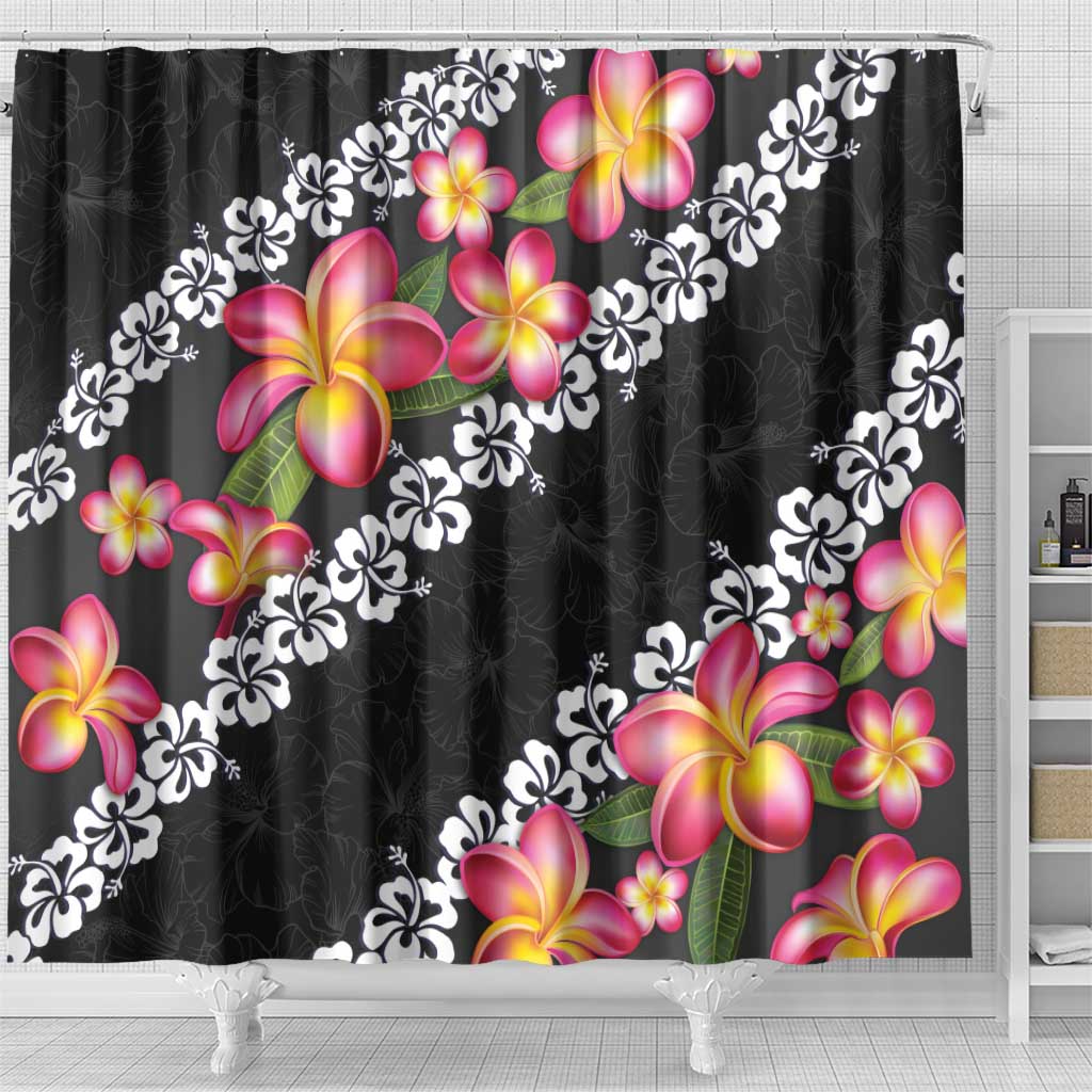 Black Polynesia Shower Curtain Plumeria With Hibiscus Pattern Tropical Vibes LT14 - Polynesian Pride