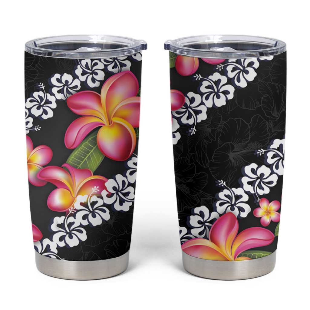 Black Polynesia Tumbler Cup Plumeria With Hibiscus Pattern Tropical Vibes