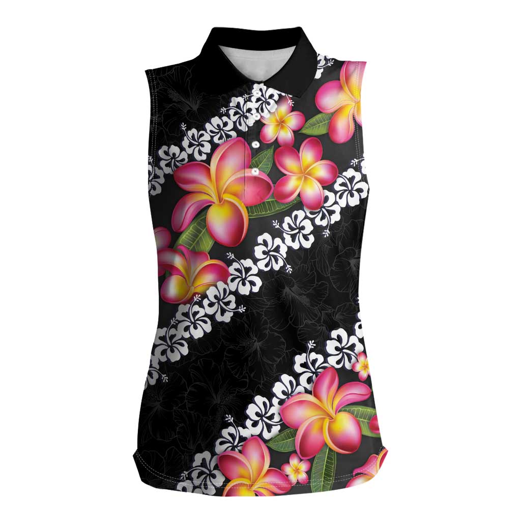 Black Polynesia Women Sleeveless Polo Shirt Plumeria With Hibiscus Pattern Tropical Vibes LT14 Female Black - Polynesian Pride