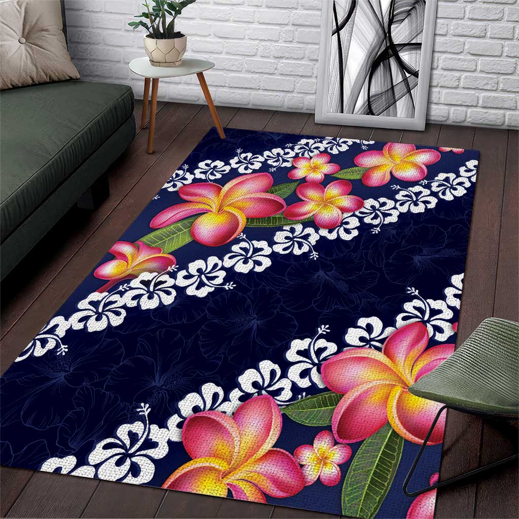 Blue Polynesia Area Rug Plumeria With Hibiscus Pattern Tropical Vibes