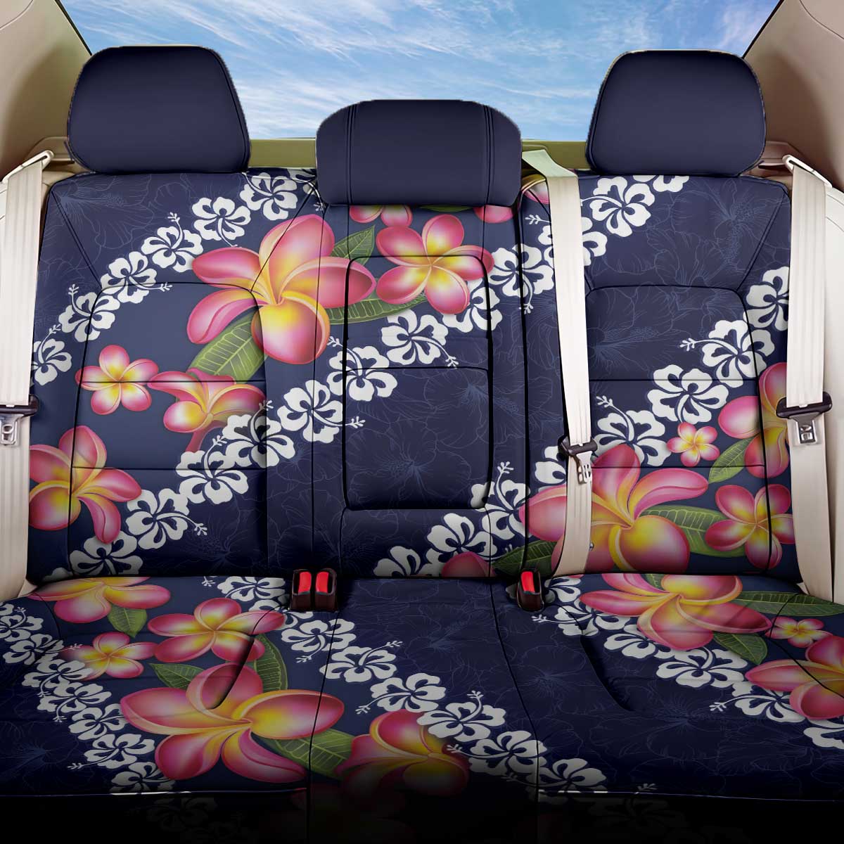 Blue Polynesia Back Car Seat Cover Plumeria With Hibiscus Pattern Tropical Vibes