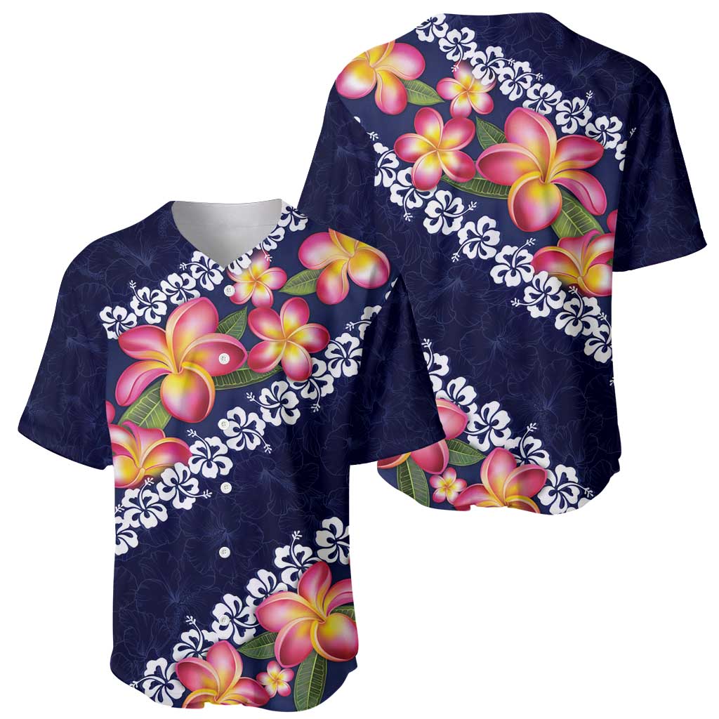 Blue Polynesia Baseball Jersey Plumeria With Hibiscus Pattern Tropical Vibes LT14 - Polynesian Pride