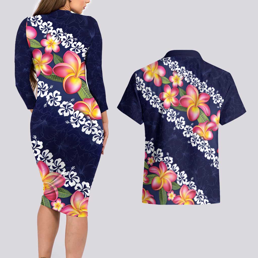 Blue Polynesia Couples Matching Long Sleeve Bodycon Dress and Hawaiian Shirt Plumeria With Hibiscus Pattern Tropical Vibes
