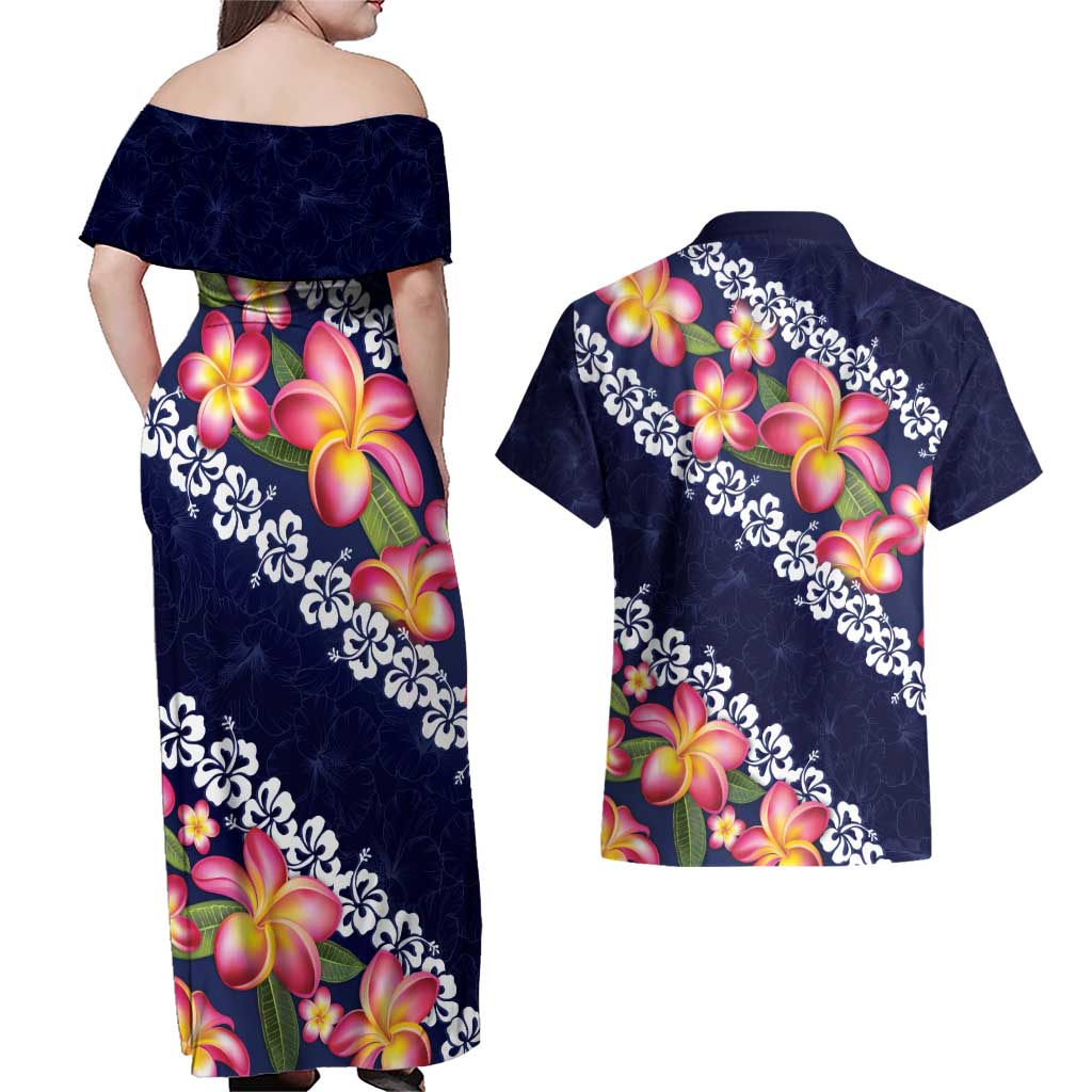Blue Polynesia Couples Matching Off Shoulder Maxi Dress and Hawaiian Shirt Plumeria With Hibiscus Pattern Tropical Vibes