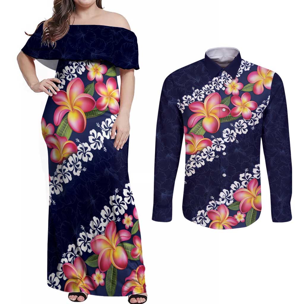Blue Polynesia Couples Matching Off Shoulder Maxi Dress and Long Sleeve Button Shirt Plumeria With Hibiscus Pattern Tropical Vibes