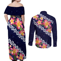 Blue Polynesia Couples Matching Off Shoulder Maxi Dress and Long Sleeve Button Shirt Plumeria With Hibiscus Pattern Tropical Vibes