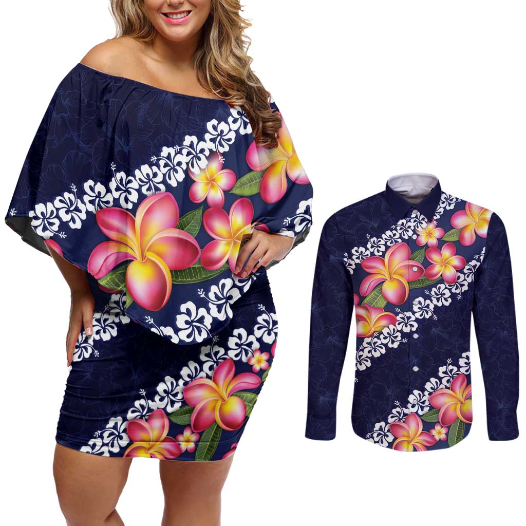 Blue Polynesia Couples Matching Off Shoulder Short Dress and Long Sleeve Button Shirt Plumeria With Hibiscus Pattern Tropical Vibes