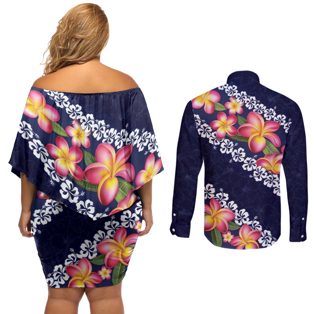 Blue Polynesia Couples Matching Off Shoulder Short Dress and Long Sleeve Button Shirt Plumeria With Hibiscus Pattern Tropical Vibes