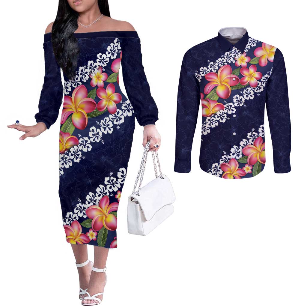 Blue Polynesia Couples Matching Off The Shoulder Long Sleeve Dress and Long Sleeve Button Shirt Plumeria With Hibiscus Pattern Tropical Vibes