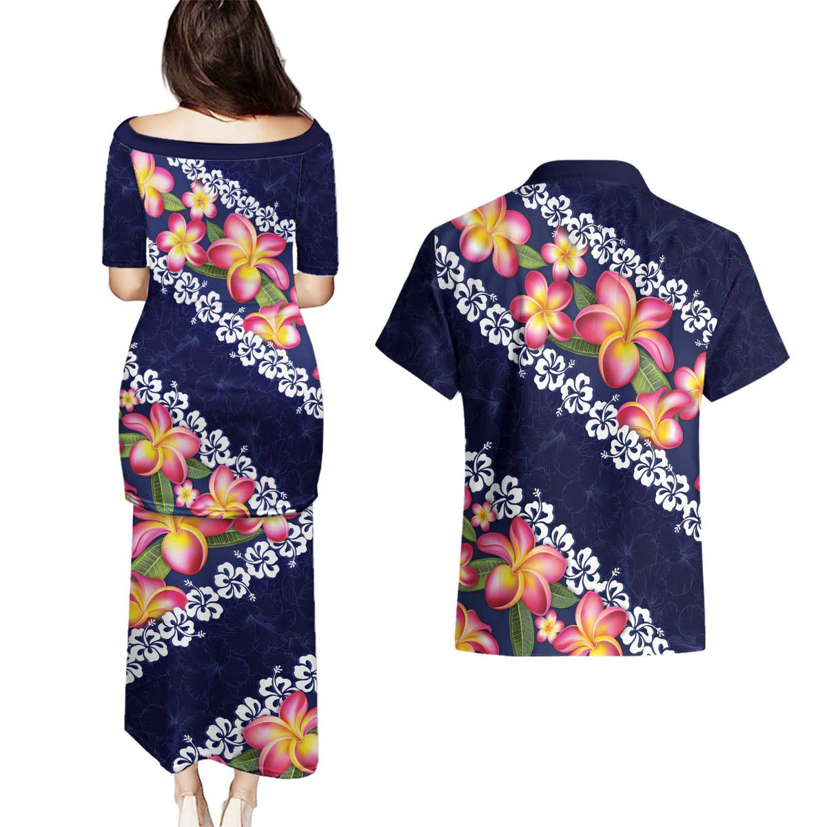Blue Polynesia Couples Matching Puletasi and Hawaiian Shirt Plumeria With Hibiscus Pattern Tropical Vibes