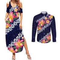 Blue Polynesia Couples Matching Summer Maxi Dress and Long Sleeve Button Shirt Plumeria With Hibiscus Pattern Tropical Vibes LT14 Blue - Polynesian Pride