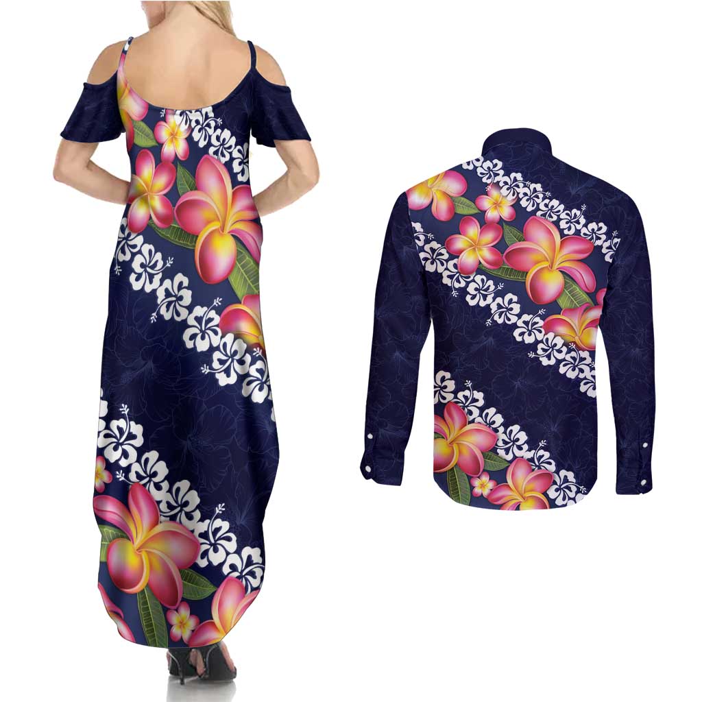 Blue Polynesia Couples Matching Summer Maxi Dress and Long Sleeve Button Shirt Plumeria With Hibiscus Pattern Tropical Vibes LT14 - Polynesian Pride