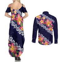 Blue Polynesia Couples Matching Summer Maxi Dress and Long Sleeve Button Shirt Plumeria With Hibiscus Pattern Tropical Vibes LT14 - Polynesian Pride