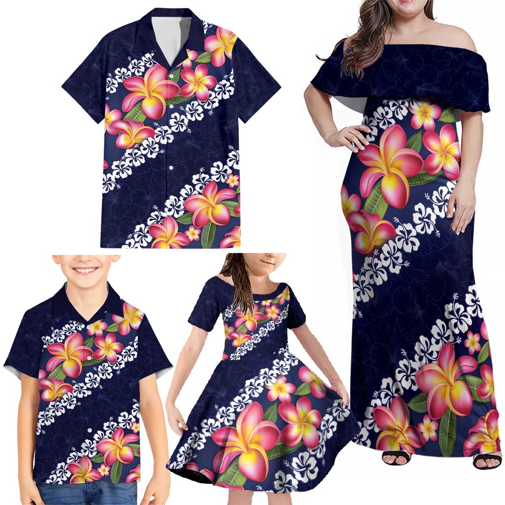 Blue Polynesia Family Matching Off Shoulder Maxi Dress and Hawaiian Shirt Plumeria With Hibiscus Pattern Tropical Vibes