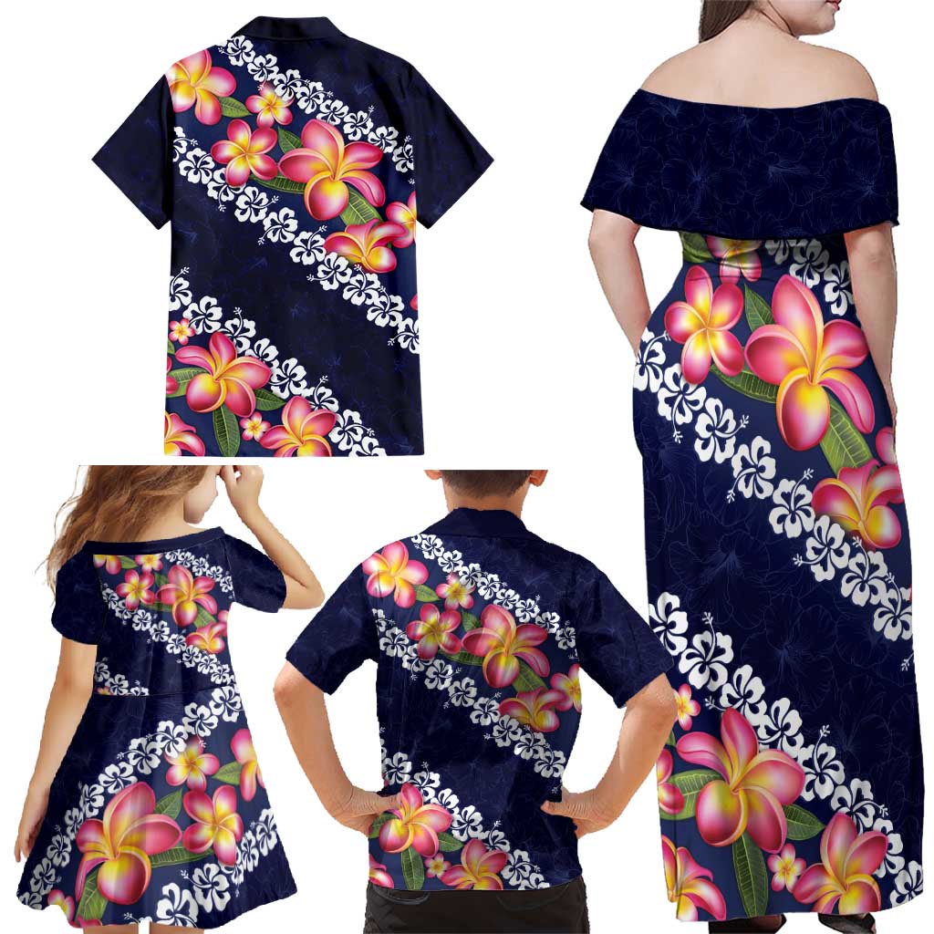 Blue Polynesia Family Matching Off Shoulder Maxi Dress and Hawaiian Shirt Plumeria With Hibiscus Pattern Tropical Vibes