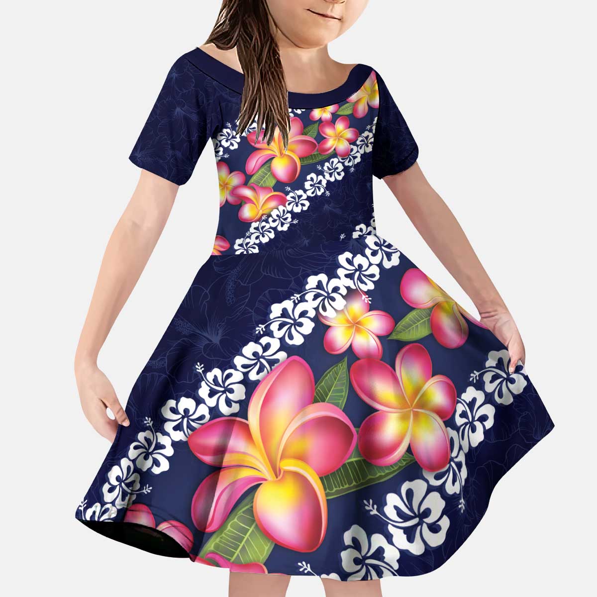 Blue Polynesia Kid Short Sleeve Dress Plumeria With Hibiscus Pattern Tropical Vibes LT14 KID Blue - Polynesian Pride