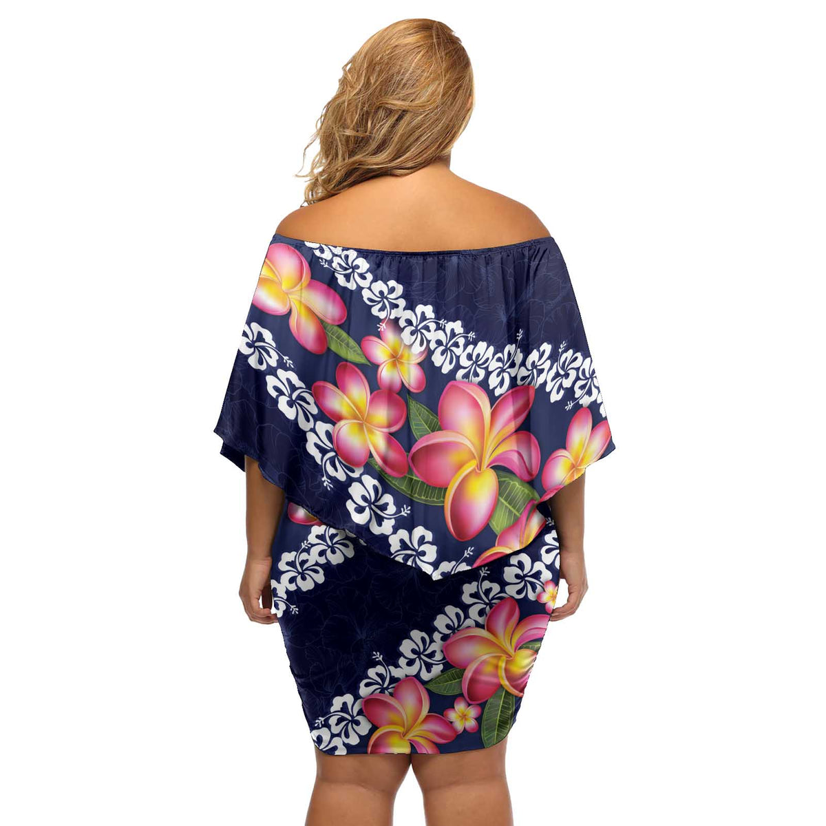 Blue Polynesia Off Shoulder Short Dress Plumeria With Hibiscus Pattern Tropical Vibes LT14 - Polynesian Pride