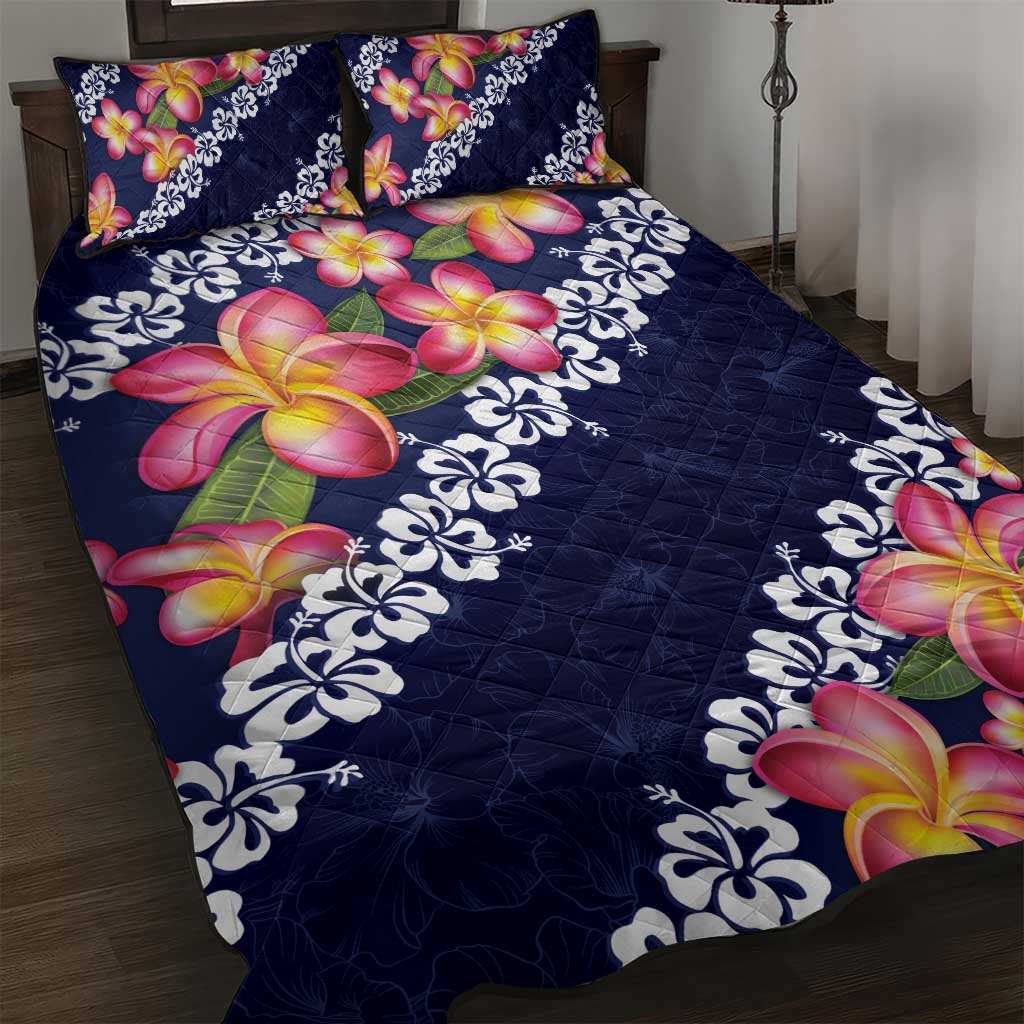 Blue Polynesia Quilt Bed Set Plumeria With Hibiscus Pattern Tropical Vibes