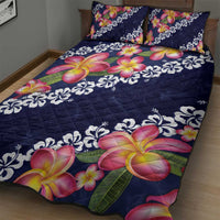 Blue Polynesia Quilt Bed Set Plumeria With Hibiscus Pattern Tropical Vibes