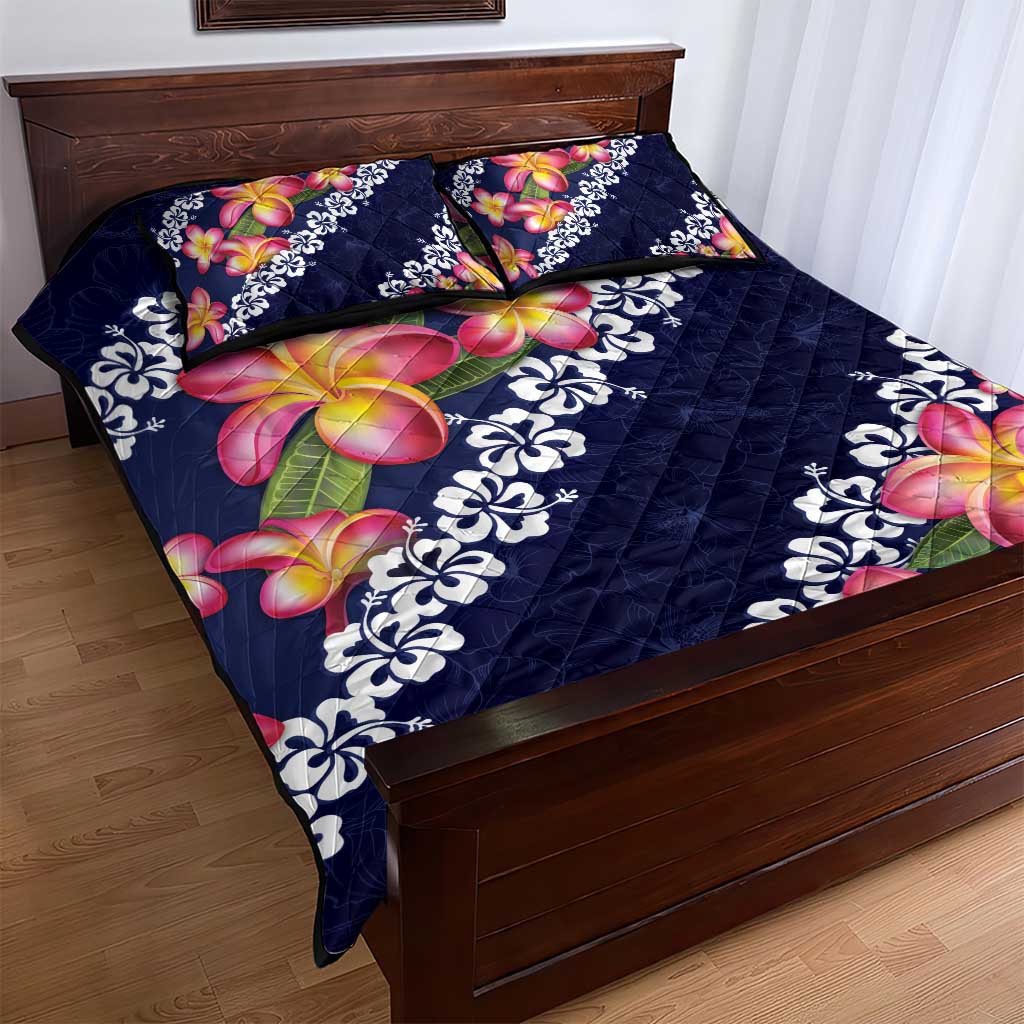 Blue Polynesia Quilt Bed Set Plumeria With Hibiscus Pattern Tropical Vibes