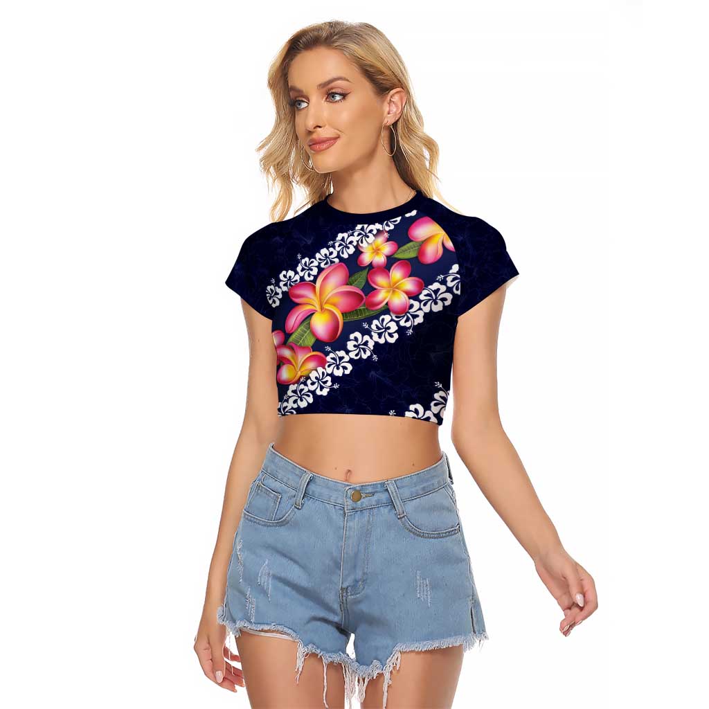 Blue Polynesia Raglan Cropped T Shirt Plumeria With Hibiscus Pattern Tropical Vibes LT14 Female Blue - Polynesian Pride