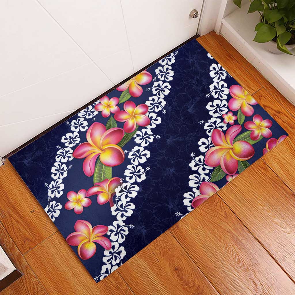Blue Polynesia Rubber Doormat Plumeria With Hibiscus Pattern Tropical Vibes LT14 - Polynesian Pride