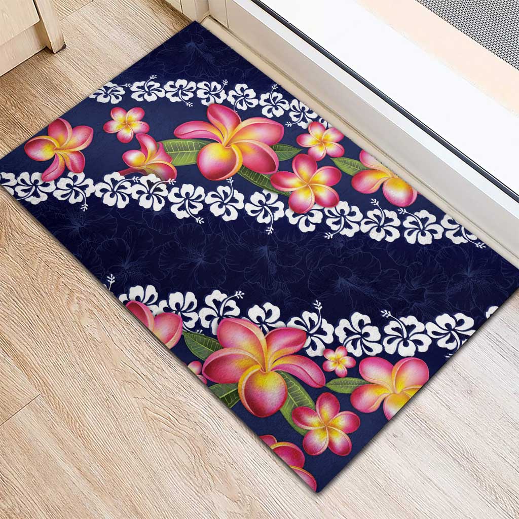 Blue Polynesia Rubber Doormat Plumeria With Hibiscus Pattern Tropical Vibes LT14 - Polynesian Pride