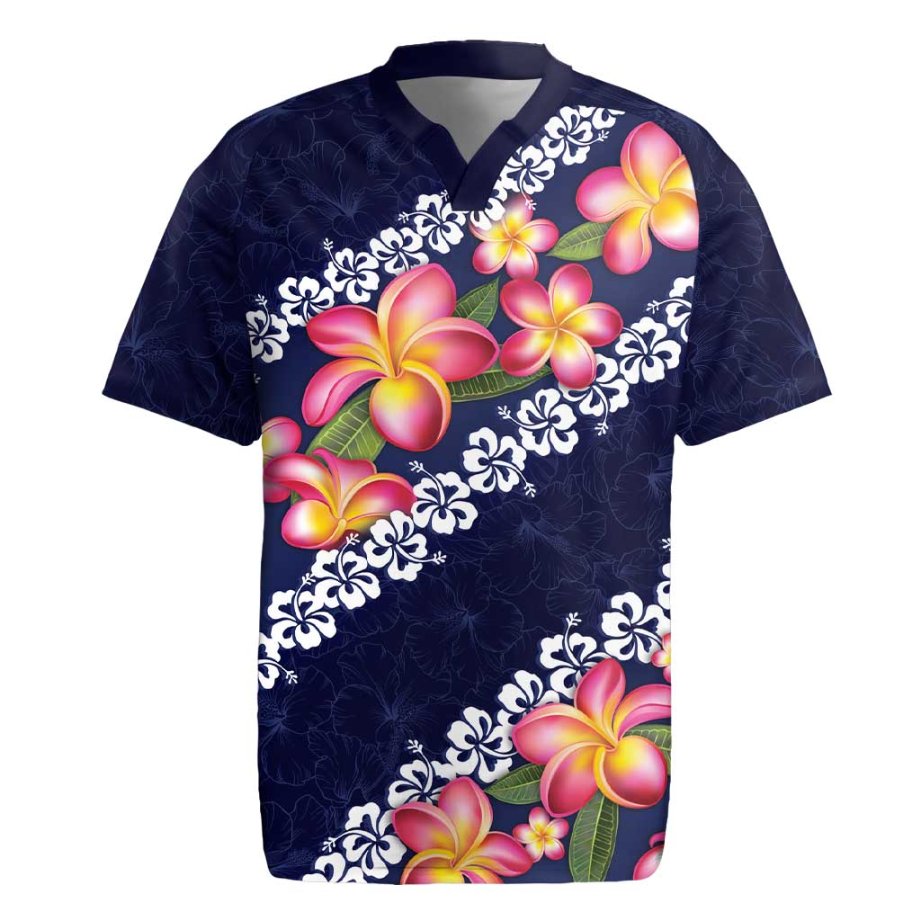 Blue Polynesia Rugby Jersey Plumeria With Hibiscus Pattern Tropical Vibes
