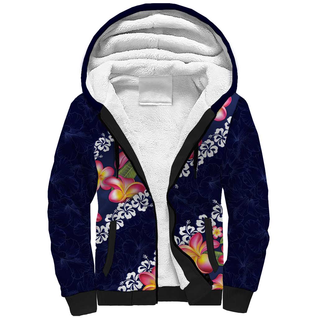 Blue Polynesia Sherpa Hoodie Plumeria With Hibiscus Pattern Tropical Vibes