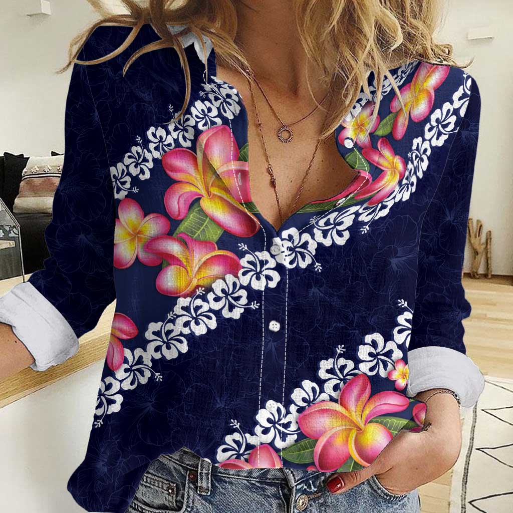 Blue Polynesia Women Casual Shirt Plumeria With Hibiscus Pattern Tropical Vibes LT14 Female Blue - Polynesian Pride