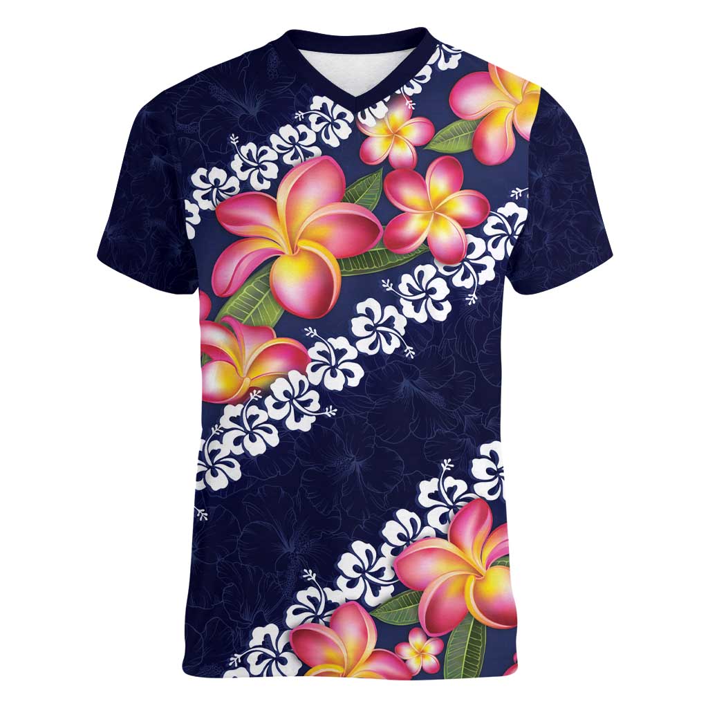 Blue Polynesia Women V-Neck T-Shirt Plumeria With Hibiscus Pattern Tropical Vibes LT14 Female Blue - Polynesian Pride