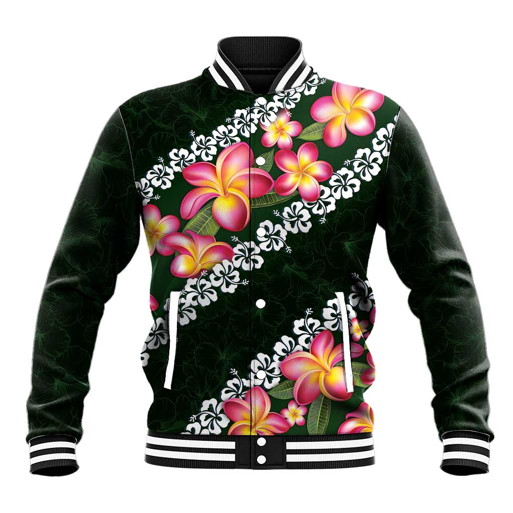 Green Polynesia Baseball Jacket Plumeria With Hibiscus Pattern Tropical Vibes LT14 Unisex Green - Polynesian Pride