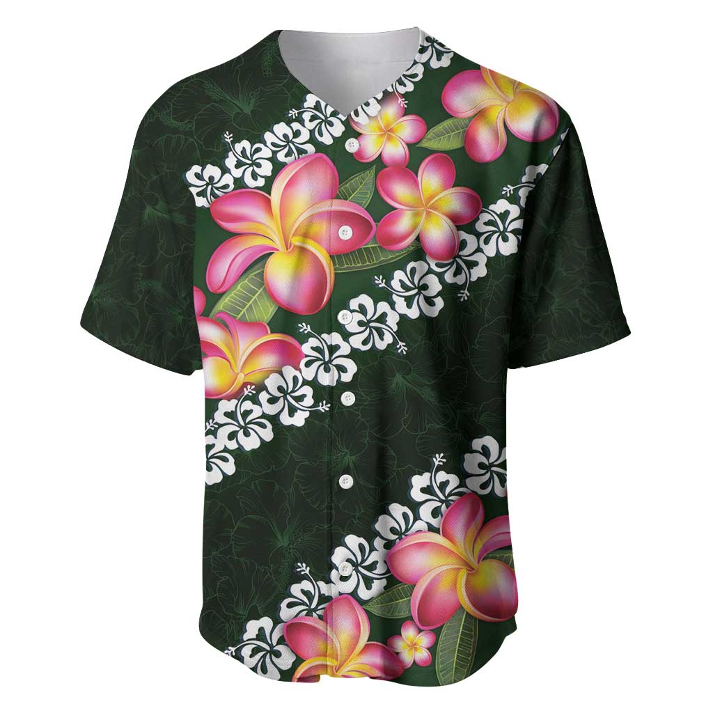 Green Polynesia Baseball Jersey Plumeria With Hibiscus Pattern Tropical Vibes LT14 Green - Polynesian Pride