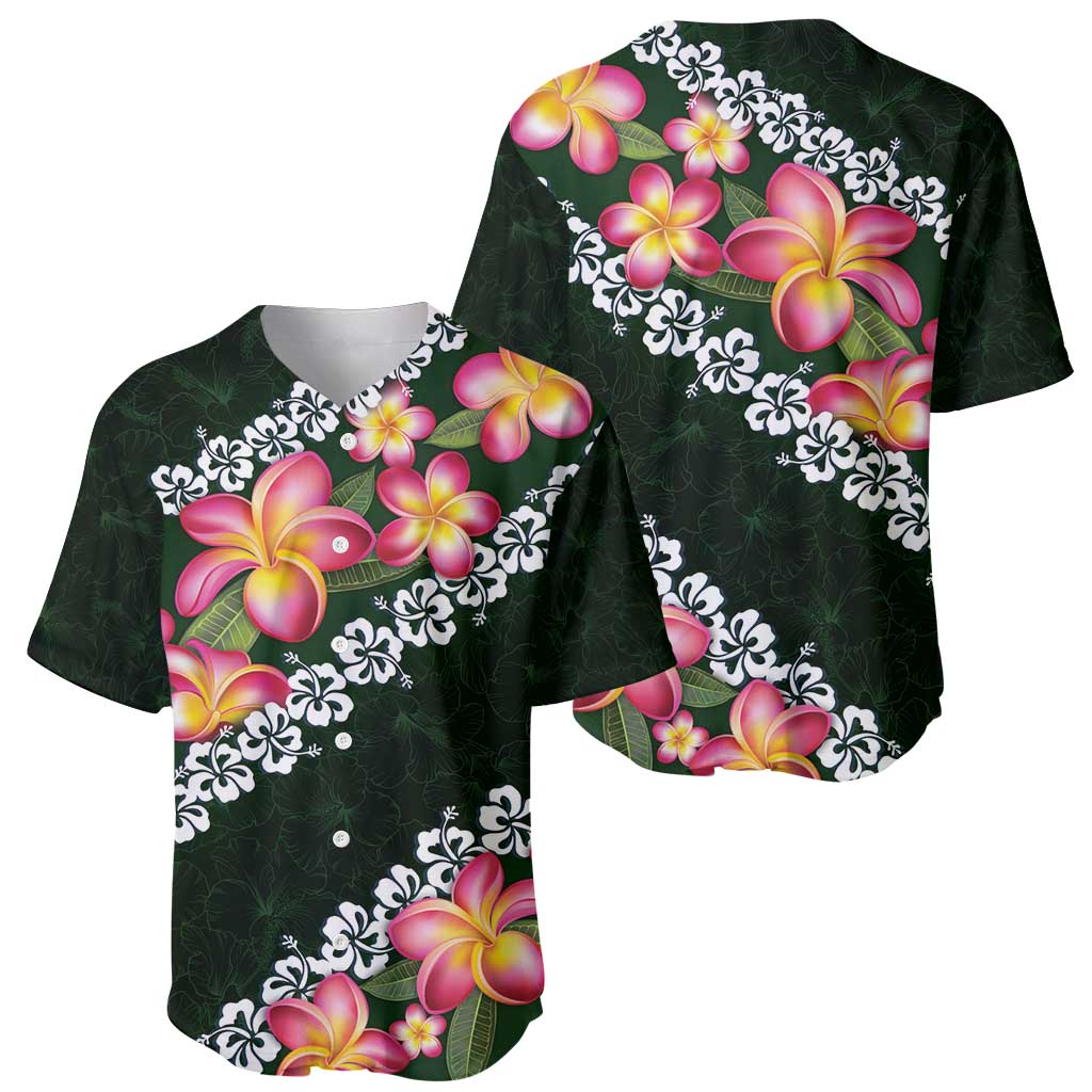 Green Polynesia Baseball Jersey Plumeria With Hibiscus Pattern Tropical Vibes LT14 - Polynesian Pride