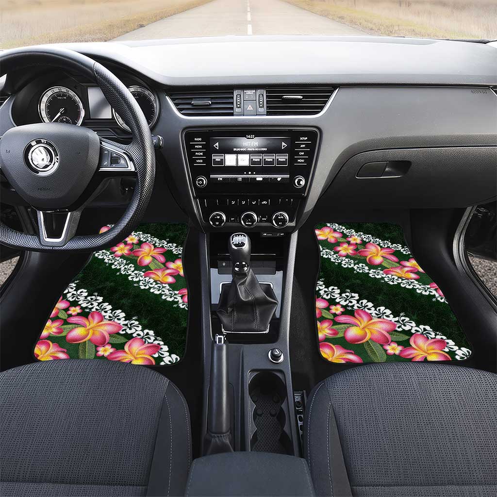 Green Polynesia Car Mats Plumeria With Hibiscus Pattern Tropical Vibes