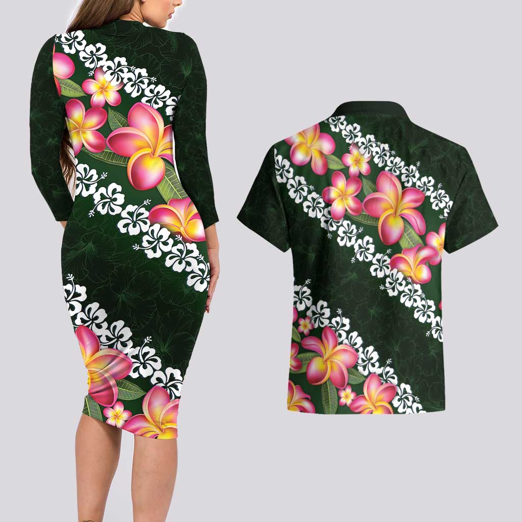Green Polynesia Couples Matching Long Sleeve Bodycon Dress and Hawaiian Shirt Plumeria With Hibiscus Pattern Tropical Vibes