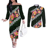 Green Polynesia Couples Matching Off The Shoulder Long Sleeve Dress and Long Sleeve Button Shirt Plumeria With Hibiscus Pattern Tropical Vibes LT14 Green - Polynesian Pride